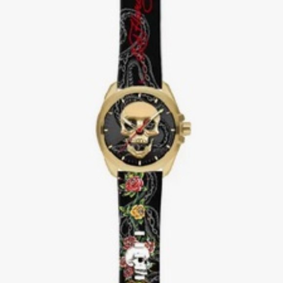 ED HARDY GOTH GOLD SKULL MULTICOLOR PRINT SILICONE STRAP MEN'S WATCH**NEW! - Picture 5 of 9